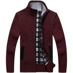Men Purplered Casual Slim Full Zip Knited Polyester Cardigan Sweater with Pocked